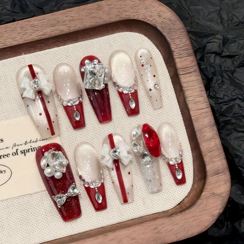 Red bow handmade press on nails