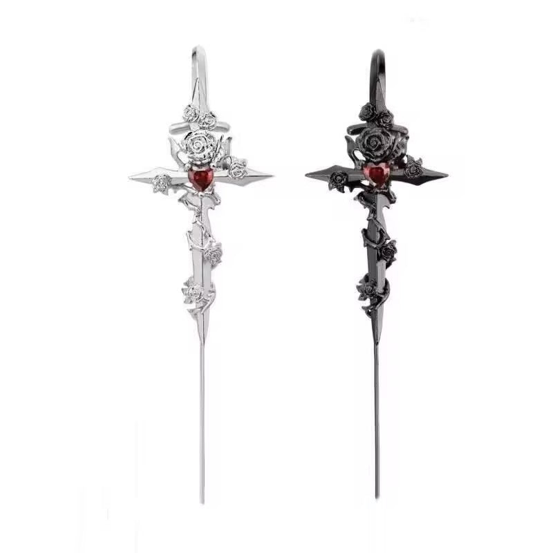 Blood rose cross ear-cuff