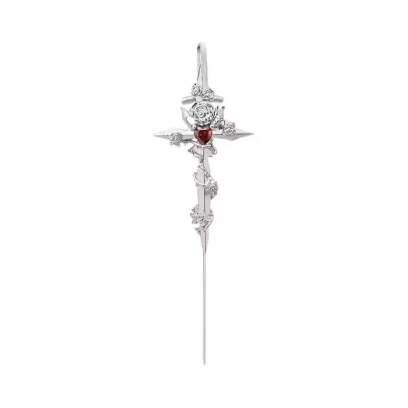 Blood rose cross ear-cuff
