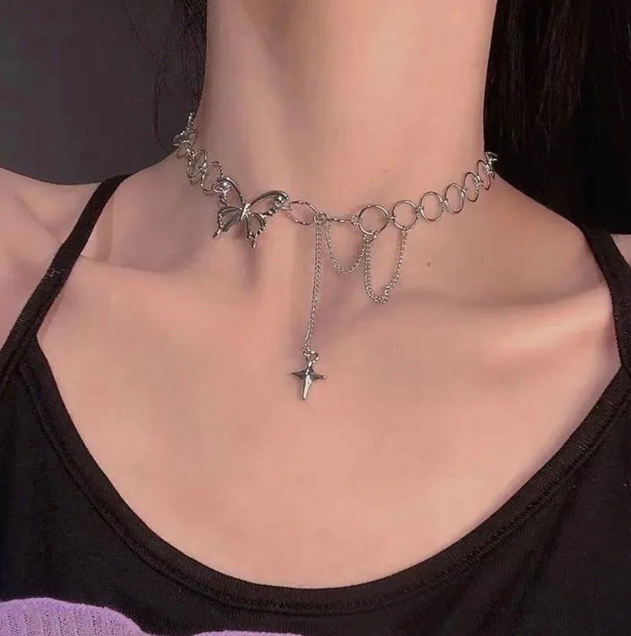 Silver butterfly choker