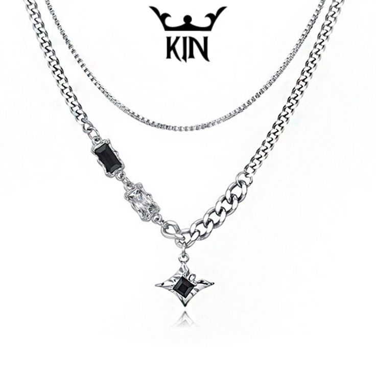 Black white zircon layered necklace